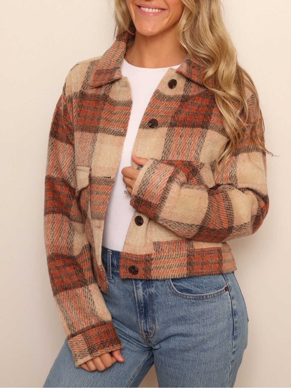 Roxy Wool Blend Red Cream Plaid Cropped Utility Jacket
